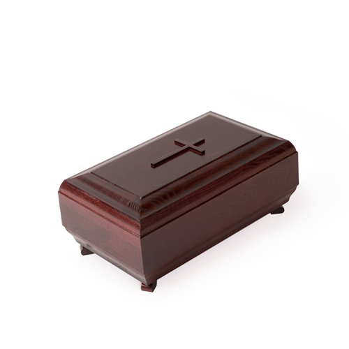 A mahogany colored vertical wooden urn with a cross on top