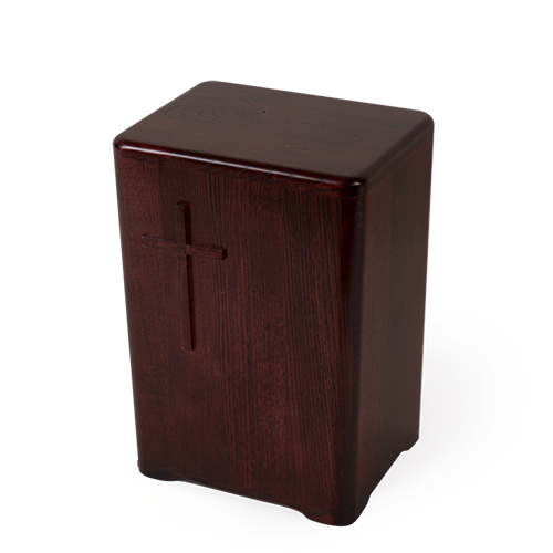 A mahogany colored wooden urn
